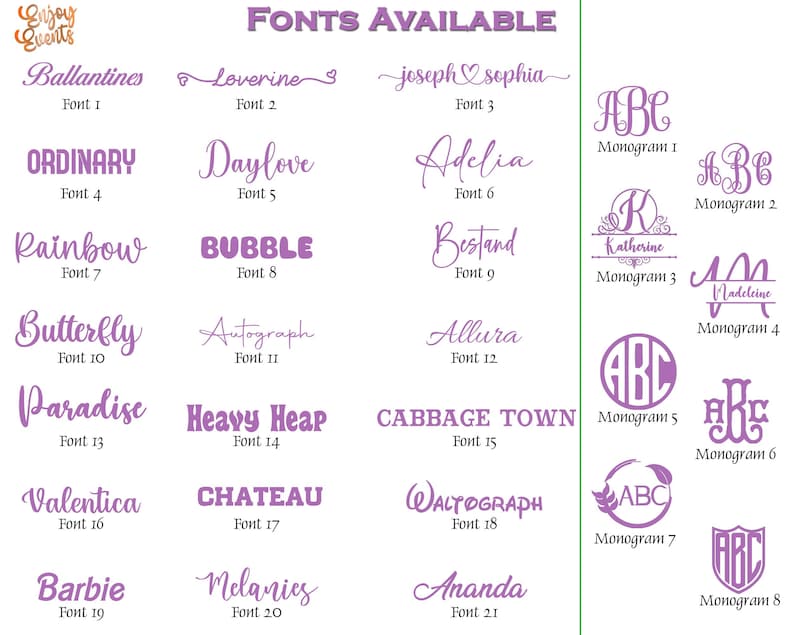 Puede incluir: Una exhibici&oacute;n de diferentes estilos de fuente, como cursiva y negrita, con nombres como "Ballantines", "Ordinary" y "Bubble". Las fuentes son de color p&uacute;rpura, con las palabras "Fonts Available" en la parte superior.