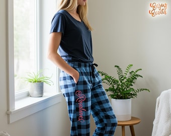 Embroidery Flannel Pajama Custom Adult Men Women Unisex PJ Bottoms Pant Bride Flannel Pajama Pant Buffalo Plaid Check Pant Christmas Gifts