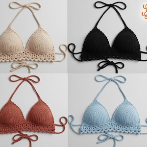 May include: Four crochet halter tops in beige, black, rust, and light blue. Each top features triangular cups, a scalloped bottom edge, and tie-string closures at the neck and back. The text "Enjoy Events" appears in the top right corner.