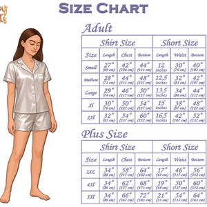 Puede incluir: Tabla de tallas para conjuntos de pijama de sat&eacute;n. La tabla incluye medidas de camisa y pantal&oacute;n corto en cm para tallas de adulto y tallas grandes. A la izquierda se muestra una mujer con un conjunto de pijama blanco.