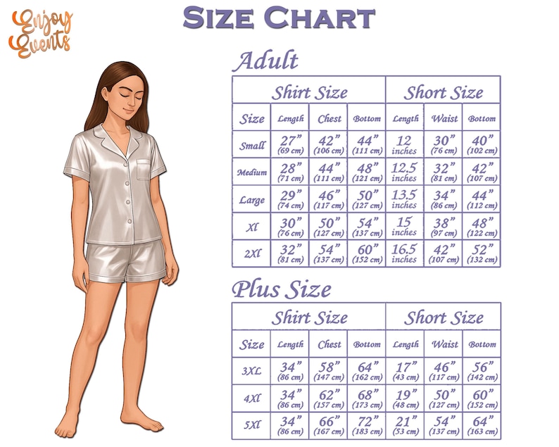 Puede incluir: Tabla de tallas para conjuntos de pijama de sat&eacute;n. La tabla incluye medidas de camisa y pantal&oacute;n corto en cm para tallas de adulto y tallas grandes. A la izquierda se muestra una mujer con un conjunto de pijama blanco.