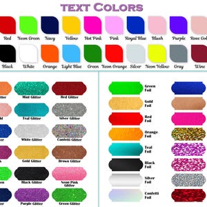 Puede incluir: Una carta de colores que muestra una variedad de colores de texto, incluyendo opciones de colores s&oacute;lidos, purpurina y l&aacute;minas. La carta incluye colores como el turquesa, rojo, azul marino, dorado y rosa, as&iacute; como variaciones de purpurina y l&aacute;minas.