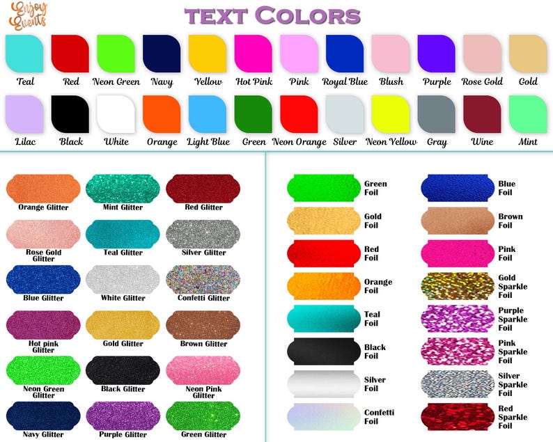 Puede incluir: Una carta de colores que muestra una variedad de colores de texto, incluyendo opciones de colores s&oacute;lidos, purpurina y l&aacute;minas. La carta incluye colores como el turquesa, rojo, azul marino, dorado y rosa, as&iacute; como variaciones de purpurina y l&aacute;minas.