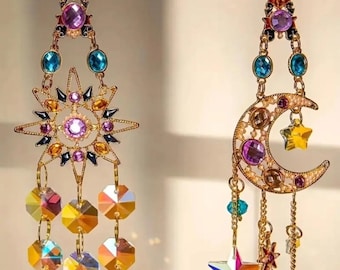 Sun & Moon Crystal Wall Hanging – Boho Rainbow Suncatcher for Home Decor
