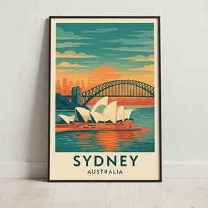 Sydney Vintage Reiseplakat | Opernhaus & Hafen Brücke Kunst | Retro Australien Landschaft Druck