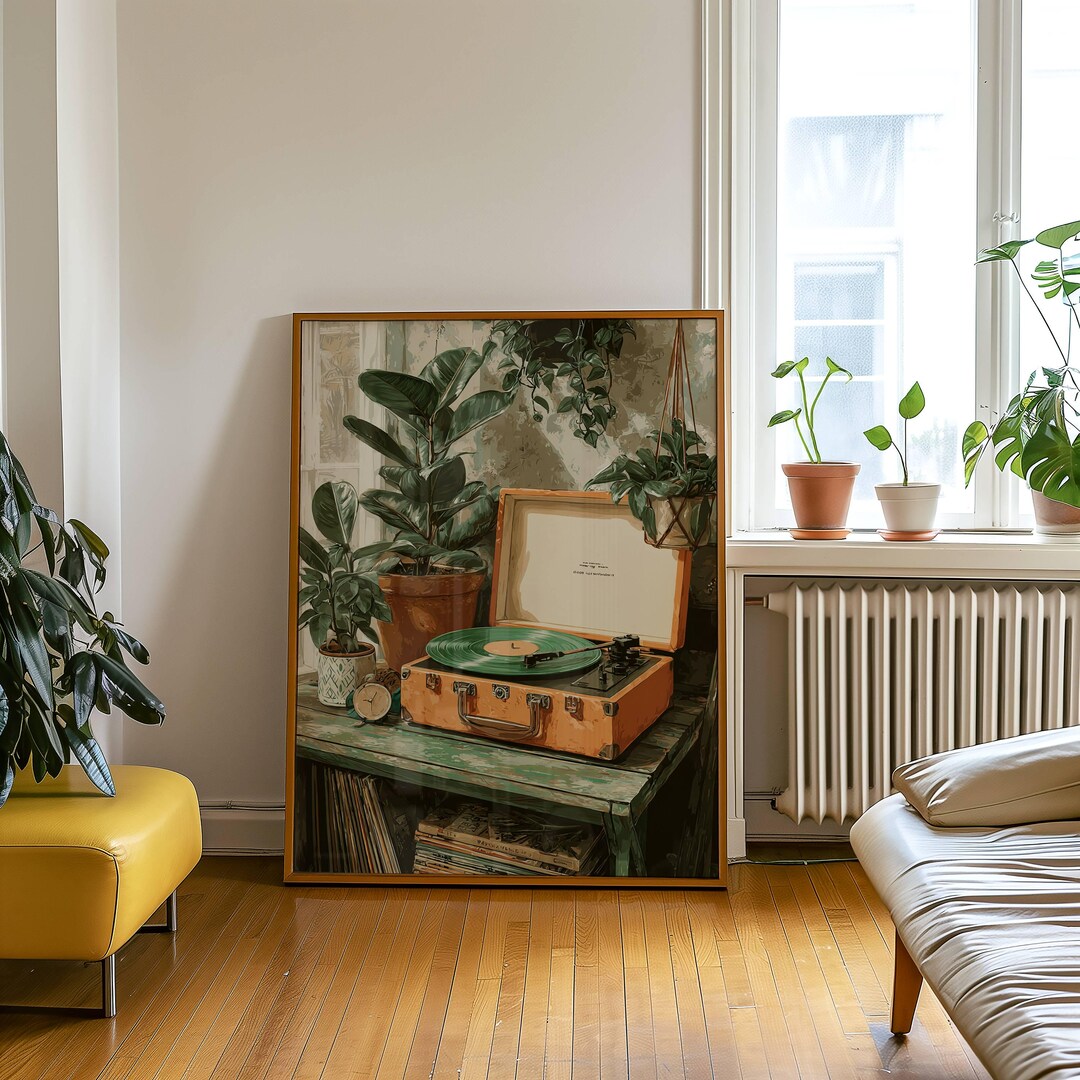 View of Retro Record Player Art Print - Boho Music Nook Decor - Etsy