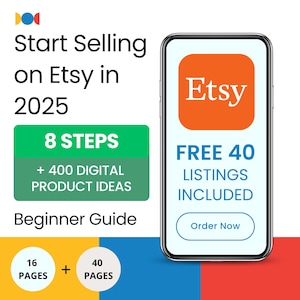 May include: A promotional graphic with the text "Start Selling on Etsy in 2025." It includes a phone graphic with the Etsy logo and the words "Free 40 Listings Included." Additional text reads "8 Steps + 400 Digital Product Ideas" and "Beginner Guide."