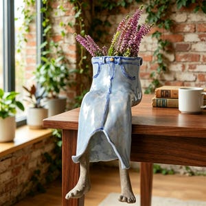 Whimsical Leggy Planter - Handcrafted Ceramic Sitting Pot for Succulents - Funny Blue Jean Skirt Flower Vase - Unique Housewarming Gift