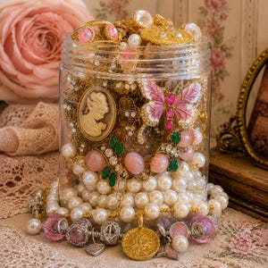 Pode incluir: Um frasco de plástico transparente cheio de joias variadas, incluindo fios de pérolas brancas, um broche de camafeu dourado, um alfinete de borboleta esmaltado em rosa e branco, pedras verdes e rosas e vários berloques e pulseiras douradas.