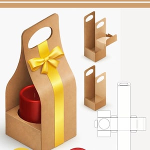 Pode incluir: Modelo de caixa castanha com pega, fita amarela e vela vermelha no interior. O texto "BOX TEMPLATE" está no topo. Também são mostrados designs de caixas adicionais e etiquetas PNG e SVG.