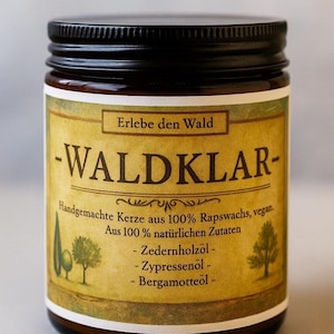 Wald Duftkerze aus Rapswachs (230ml) – Zypresse, Zedernholz, Bergamotte | Handgemacht, Vegan & Nachhaltig | WALDKLAR