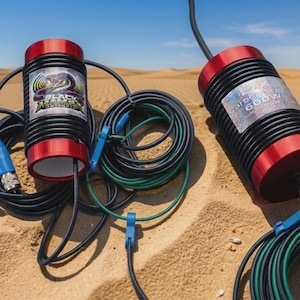 May include: Two cylindrical antenna components with red metallic ends and black coiled wire bodies. One unit features a Black Mamba Antenna label with a snake graphic, while the other displays a label reading DX Carbon Series 600W Common-Mode Choke.