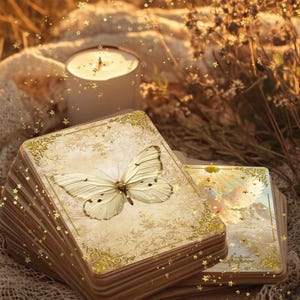 Könnte beinhalten: Ein Stapel Tarotkarten mit einer Schmetterlingsillustration auf der obersten Karte. Die Karten haben ein Vintage-Design mit goldenen Akzenten. Eine brennende Kerze und Trockenblumen befinden sich im Hintergrund, mit goldenen sternförmigen Glitzer.