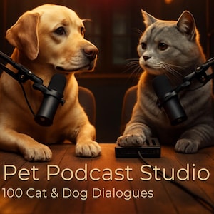 May include: A golden retriever and a gray cat sit at a wooden table with microphones, in a podcast studio setting. The text "ON AIR" is illuminated above them. The image also includes the text "Pet Podcast Studio" and "100 Cat & Dog Dialogues".