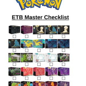 Könnte beinhalten: Eine "ETB Master Checklist" mit dem Pokémon-Logo oben. Die Checkliste zeigt verschiedene Pokémon-Themenboxen, jede mit einem Kontrollkästchen darunter. Die Boxen sind in verschiedenen Farben, darunter Schwarz, Lila, Grün, Rot und Orange.