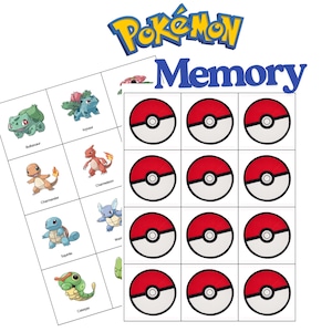 Puede incluir: Un juego de memoria de Pokémon con cartas ilustradas de personajes Pokémon y cartas de Poké Ball a juego. El juego incluye el logotipo de Pokémon y la palabra "Memory" en azul.