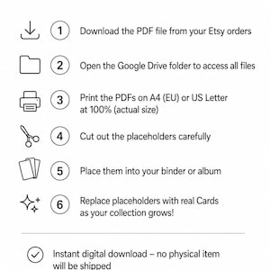 Pu&ograve; includere: Un grafico di istruzioni in bianco e nero intitolato HOW TO USE con sei passaggi numerati, caratterizzato da icone per il download, l'apertura di file, la stampa su A4 o US Letter, il ritaglio, l'inserimento in un raccoglitore e la sostituzione.