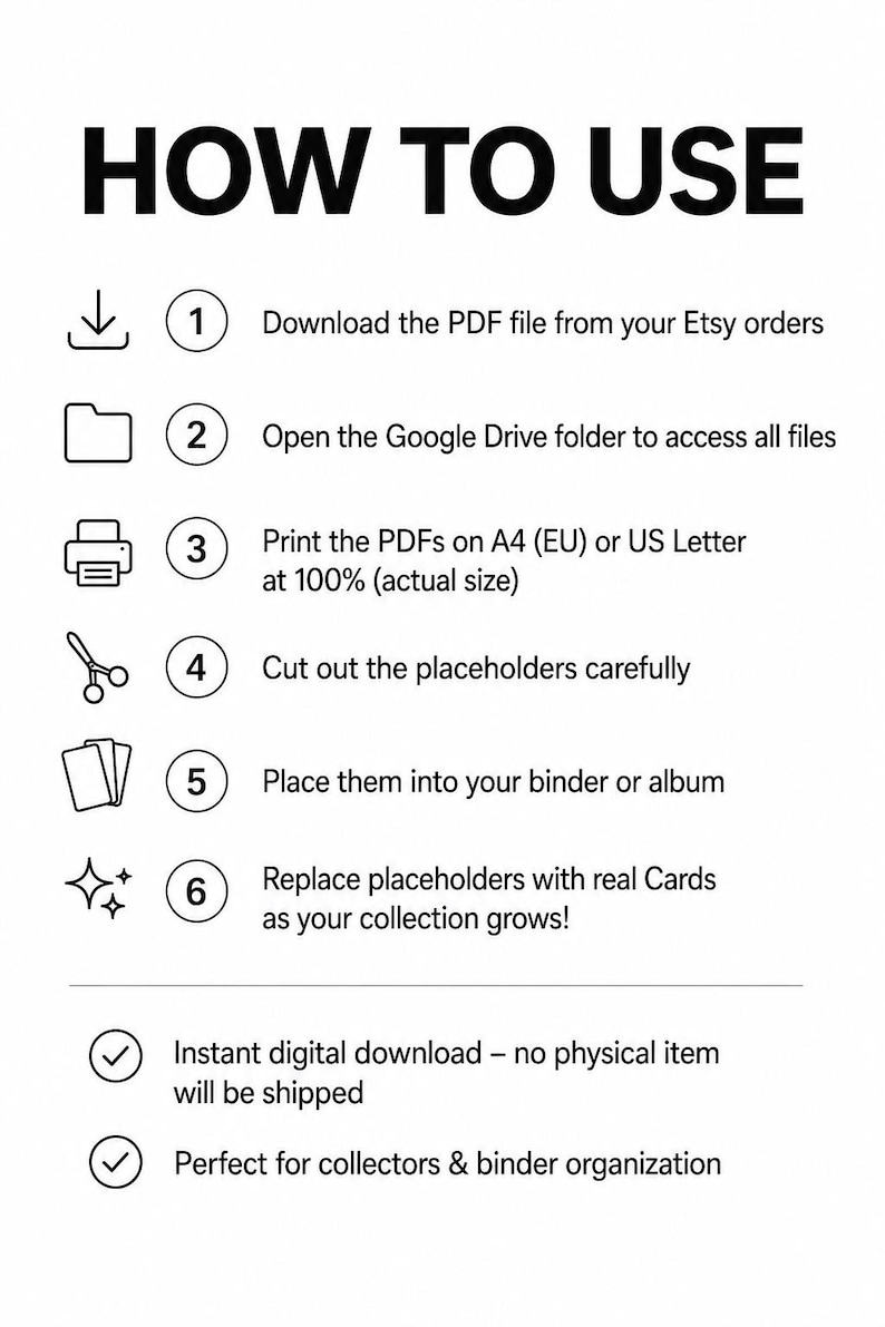 Pu&ograve; includere: Un grafico di istruzioni in bianco e nero intitolato HOW TO USE con sei passaggi numerati, caratterizzato da icone per il download, l'apertura di file, la stampa su A4 o US Letter, il ritaglio, l'inserimento in un raccoglitore e la sostituzione.