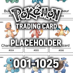 Pode incluir: Uma coleção de nove cartas colecionáveis Pokémon com personagens como Bulbasaur, Charmander e Squirtle. As cartas são numeradas e incluem o texto "Pokémon Trading Card Placeholder."