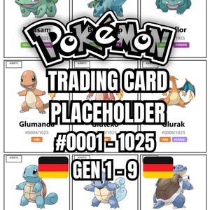 Könnte beinhalten: Pokémon-Sammelkarten-Set mit Charakteren wie Bisasam, Glumanda und Schiggy. Jede Karte zeigt Namen, Nummern und Elementartypen. Das Wort "Pokémon" ist prominent dargestellt.