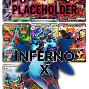 May include: A selection of Pokémon trading cards with diverse characters and designs. The cards display the words "Pokémon," "PLACEHOLDER," "INFERNO," and "X." The cards feature a variety of colours, including red, blue, and gold.