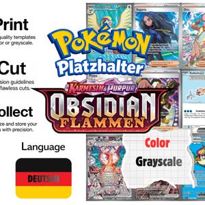 May include: A digital display featuring Pokémon trading card templates with the text Print, Cut, Collect, and Language. The image includes the Pokémon Obsidian Flammen logo, various character cards, and a German flag icon with the word DEUTSCH.