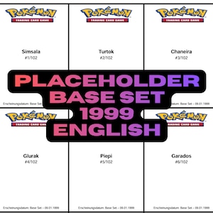 May include: A display of six Pokémon trading cards from the 1999 Base Set, including Simsala, Turtok, and Chaneira. The cards are arranged in a grid, with the set's name and year clearly visible in the centre.