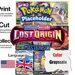 May include: A digital collection of Pokémon Sword and Shield Lost Origin trading cards featuring various characters. The image includes text labels for Print, Cut, Collect, Language, Color, and Grayscale, alongside American and British flag icons.