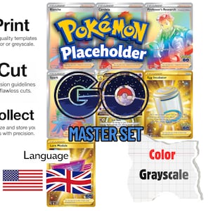 Könnte beinhalten: Eine digitale Anzeige mit Vorlagen für Pokémon GO Master Set Sammelkarten. Das Layout enthält Textbeschriftungen für Print, Cut und Collect sowie Kartenbeispiele wie Blanche, Candela, Professor's Research, Spark und Egg Incubator.