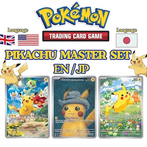 May include: A Pikachu Master Set trading card game display. The image features three cards with Pikachu illustrations, the text "PIKACHU MASTER SET EN/JP", and the Pokémon logo. The cards have different backgrounds and Pikachu poses.