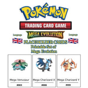 Könnte beinhalten: Das Bild zeigt das "Pokémon"-Logo und den Text "Trading Card Game". Darunter befinden sich drei "Mega Evolution" Platzhalterkarten mit Mega Venusaur, Mega Charizard X und Mega Charizard Y. Die Karten sind nummeriert und beschriftet.