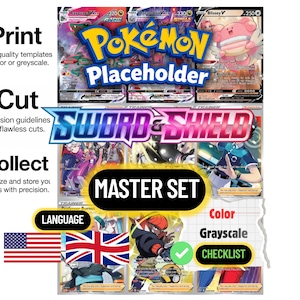 Könnte beinhalten: Eine digitale Vorlage für eine Pokemon Sword and Shield Master Set Checkliste. Das Dokument enthält Textbeschriftungen für Drucken, Schneiden und Sammeln sowie Bilder von Sammelkarten, Nationalflaggen und Optionen für Farbe oder Graustufen.