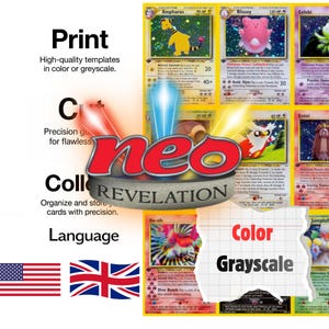 Könnte beinhalten: Eine digitale Anzeige mit dem Neo Revelation-Logo über einem Raster aus Sammelkarten wie Ampharos, Blissey, Celebi, Entei, Ho-oh und Jumpluff. Der Text enthält Print, Cut, Collect, Language, Color und Grayscale sowie US- und UK-Flaggen.