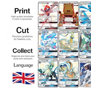 Könnte beinhalten: Eine Sammlung von Pokémon-Sammelkarten mit verschiedenen Charakteren und Designs. Die Karten haben unterschiedliche HP-Werte und Charakternamen. Das Bild enthält auch Text wie "Drucken", "Schneiden", "Sammeln" und die britische Flagge.