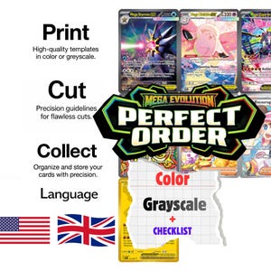 Könnte beinhalten: Ein Bild mit Sammelkarten mit dem Text „MEGA EVOLUTION PERFECT ORDER“. Das Bild enthält auch den Text „Drucken“, „Schneiden“ und „Sammeln“. Das Bild enthält auch die amerikanische und die britische Flagge.