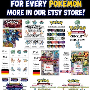 Pu&ograve; includere: Una visualizzazione digitale che presenta segnaposto, set master e liste di controllo per carte collezionabili Pok&eacute;mon. L'immagine include varie illustrazioni di personaggi, etichette testuali come 'Print', 'Cut', 'Collect' e bandiere nazionali.