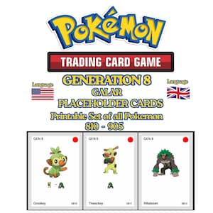 Könnte beinhalten: Ein Satz druckbarer Pokémon-Sammelkartenspiel-Platzhalterkarten. Die Karten zeigen Pokémon der Generation 8 Galar, darunter Grookey, Thwackey und Rillaboom. Das Set enthält Karten mit den Nummern 810-905.