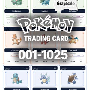 Op de afbeelding: Een verzameling van negen Pokémon-ruilkaarten in een raster, met illustraties van Bulbasaur, Ivysaur, Venusaur, Charmander, Charmeleon, Charizard, Squirtle, Wartortle en Blastoise. De kaarten bevatten de tekst Color + Grayscale, Pokémon Trading Card en 001-1025.