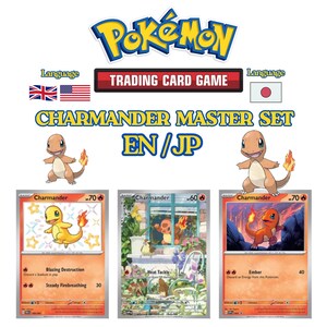 Könnte beinhalten: Ein Pokémon Trading Card Game Charmander Master Set mit drei verschiedenen Karten. Der Text lautet Pokémon Trading Card Game, Charmander Master Set, EN/JP. Jede Karte zeigt eine einzigartige Illustration der orangefarbenen Echse.
