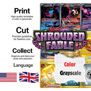 Könnte beinhalten: Eine digitale Anzeige mit dem Logo von Scarlet & Violet Shrouded Fable, umgeben von verschiedenen Sammelkarten. Der Text enthält Print, Cut, Collect und Language, mit amerikanischen und britischen Flaggen sowie einer Grafik aus zerrissenem Papier.