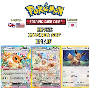 Könnte beinhalten: Ein Pokémon Trading Card Game Eevee Master Set mit drei Karten. Der Text oben lautet Pokémon Trading Card Game, Eevee Master Set, EN/JP. Zwei Eevee ex-Karten zeigen die Fähigkeit Rainbow DNA und den Angriff Coruscating Quartz, während eine Eevee-Karte die Angriffe Gnaw und Tail Whap aufweist.