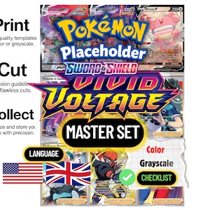 Könnte beinhalten: Eine digitale Vorlage für eine Pokemon Sword and Shield Vivid Voltage Master Set Checkliste. Die Grafik zeigt das Pokemon-Logo, den Text Placeholder, Sword and Shield, Vivid Voltage und Master Set sowie Kartenbilder und Flaggen.
