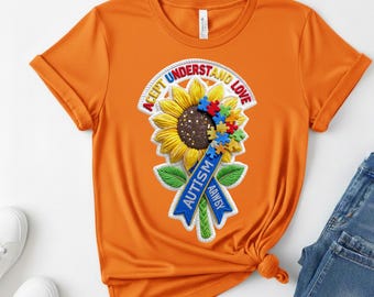 Autism Awareness Sunflower PNG - 3D Caterpillar Patch Style SVG - Accept Understand Love Puzzle Pieces PDF - Neurodiversity Digital Download