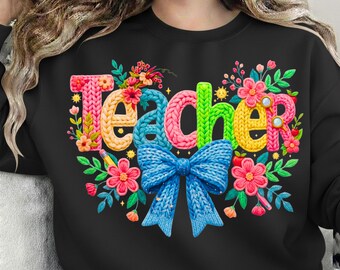 Teacher Faux Yarn Crochet Png, Floral Teacher Knitted Shirt png, Retro Coquette Back to School Sublimation, Preppy Spring Educator Png
