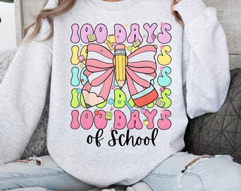 100 Days of School SVG PNG Groovy Design | Happy Teacher Kids Outfit File | Rainbow Pencil Bow Instant Download, 100 Days of School Twist