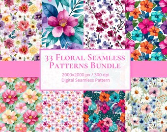 33 Floral Seamless Patterns Bundle | Digital Paper Pack | Botanical Flower Backgrounds | Scrapbook & Crafts