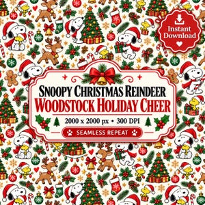 Peut inclure: Un motif numérique répétitif avec Snoopy, Woodstock et des rennes, des sapins de Noël, des chaussettes et des boules. Une étiquette centrale affiche le texte : SNOOPY CHRISTMAS REINDEER WOODSTOCK HOLIDAY CHEER 2000 x 2000 px 300 DPI SEAMLESS REPEAT.