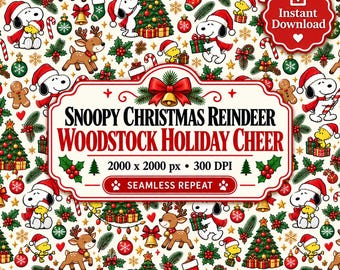 Snoopy Christmas Pattern | Peanuts Holiday Fabric | Woodstock Reindeer Seamless Digital Paper