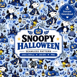 Op de afbeelding: Een naadloos digitaal patroon met Snoopy en Woodstock in Halloween-kostuums, inclusief tovenaarshoeden en capes, omringd door pompoenen, geesten, vleermuizen en lantaarns op een lichtblauwe achtergrond met de tekst SNOOPY HALLOWEEN.