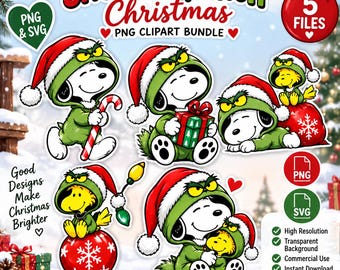 Snoopy Grinch Christmas | Woodstock Clipart | 5 PNG SVG Files | Peanuts Holiday Digital Download